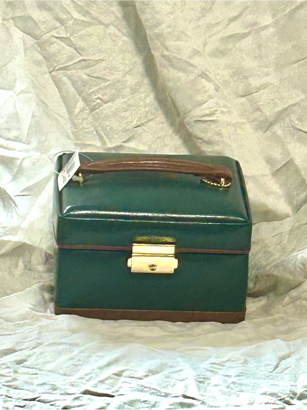 NWT WOLF Designs Medium Leather Jewelry Box Green Gold Mirror Case